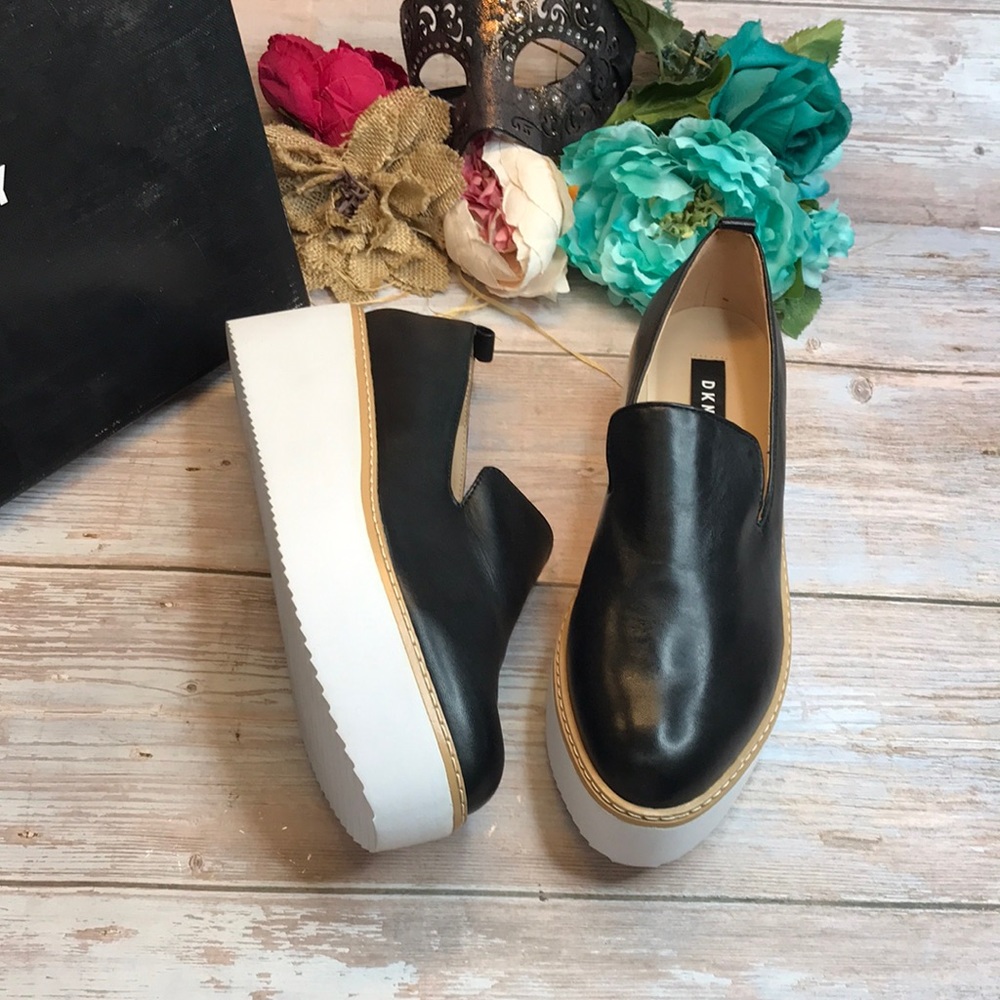 Dkny Black Leather Slip-On Platform Sneakers with White Sole